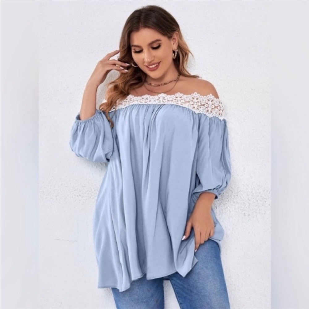 Blue and White Off-Shoulder 3/4 Sleeve Blouse - Picture 2 of 4